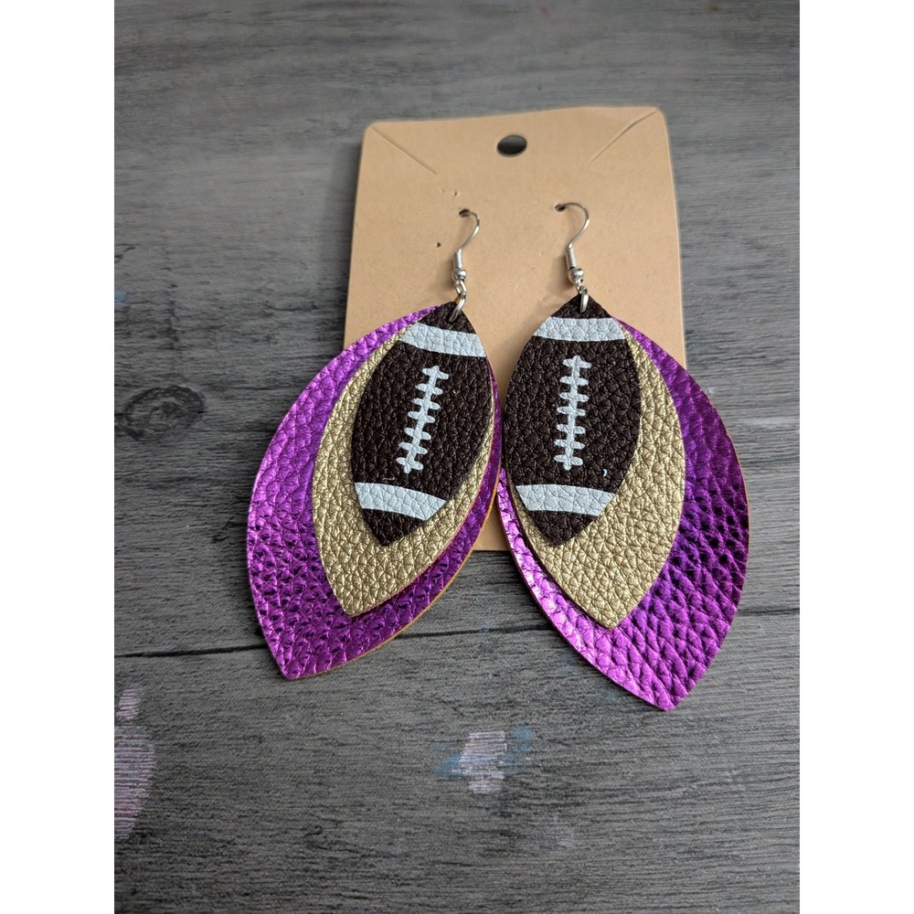Purple Gold Faux Leather Football Teardrop Earrings Game Day Sports Jewelry